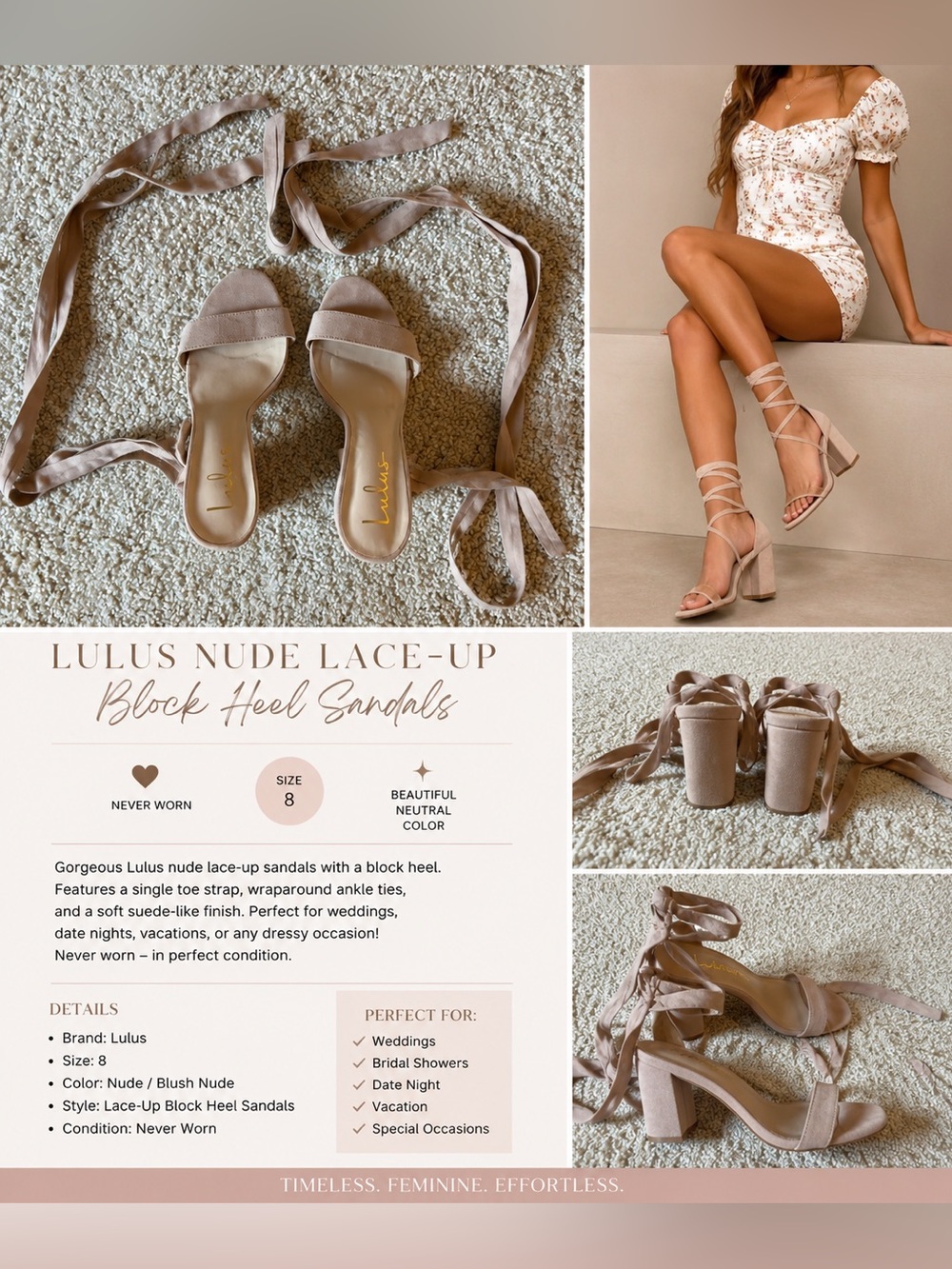Lulus Nude Suede Lace-Up Block Heel Sandals Size 8